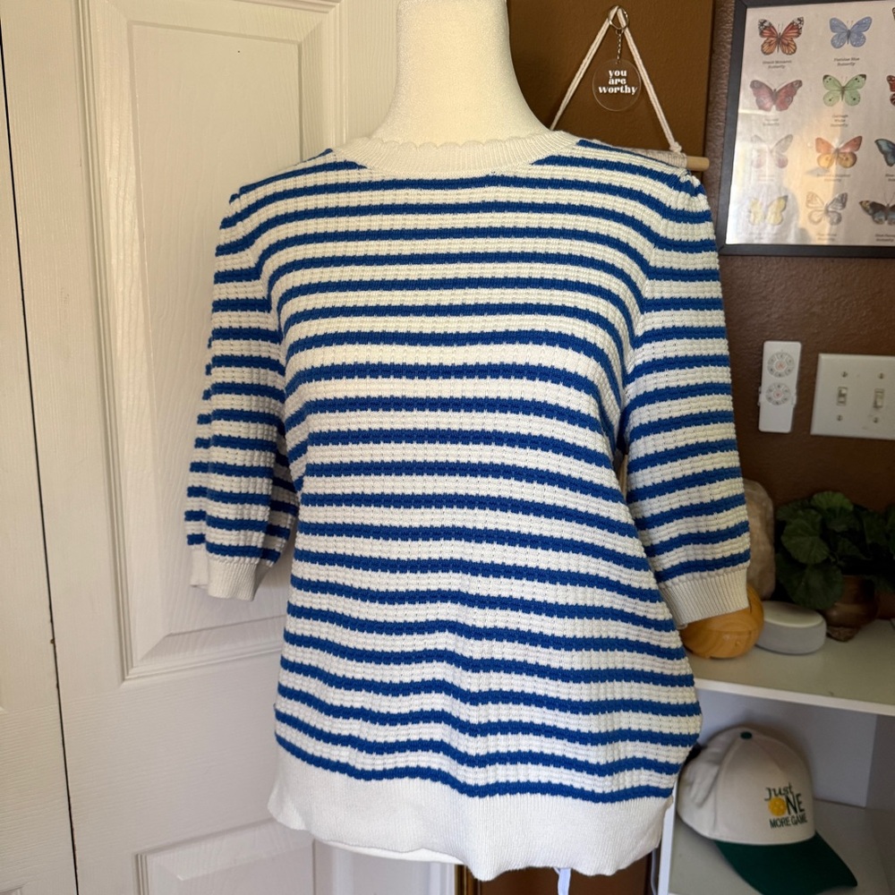 Draper James 100% Cotton Striped Short-Sleeve Knitted Sweater Top / Size XL